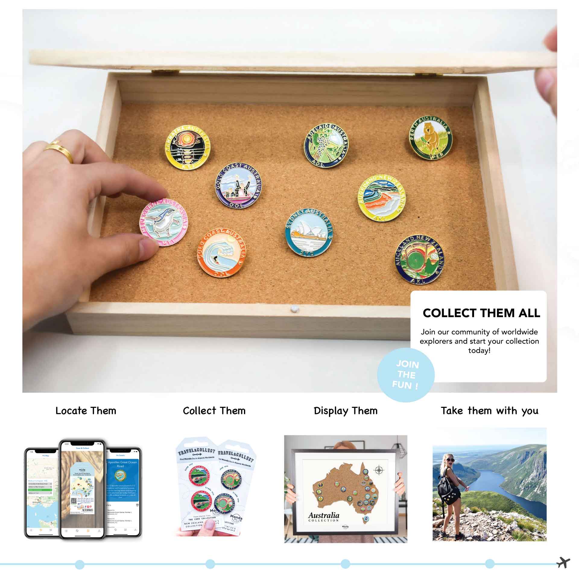 Collect all the pins - locate pins, collect them, display pin collection and take pins with you on travel backpack