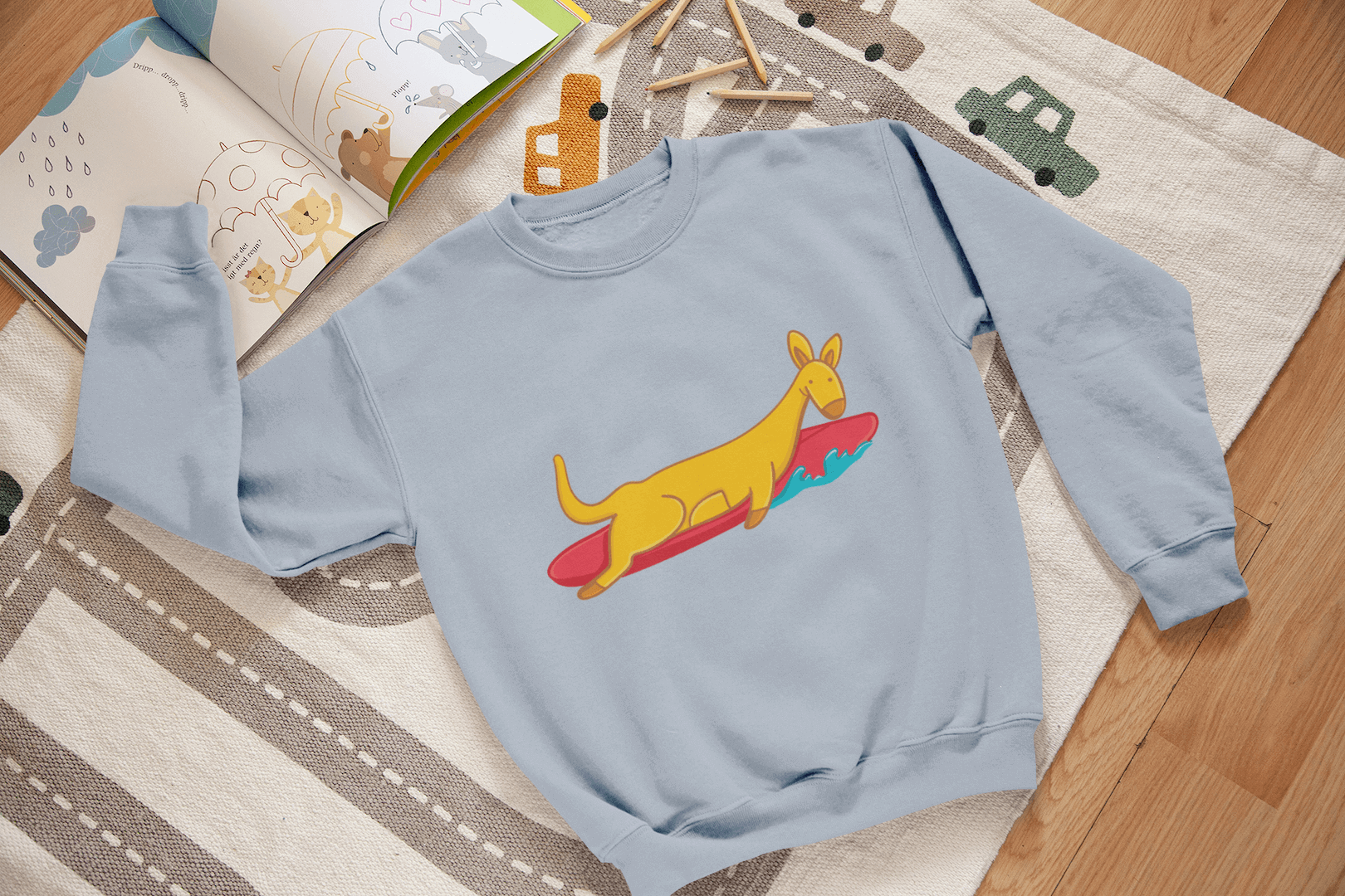 Kids Playful Kangaroo Surf Graphic Crewneck Sweater