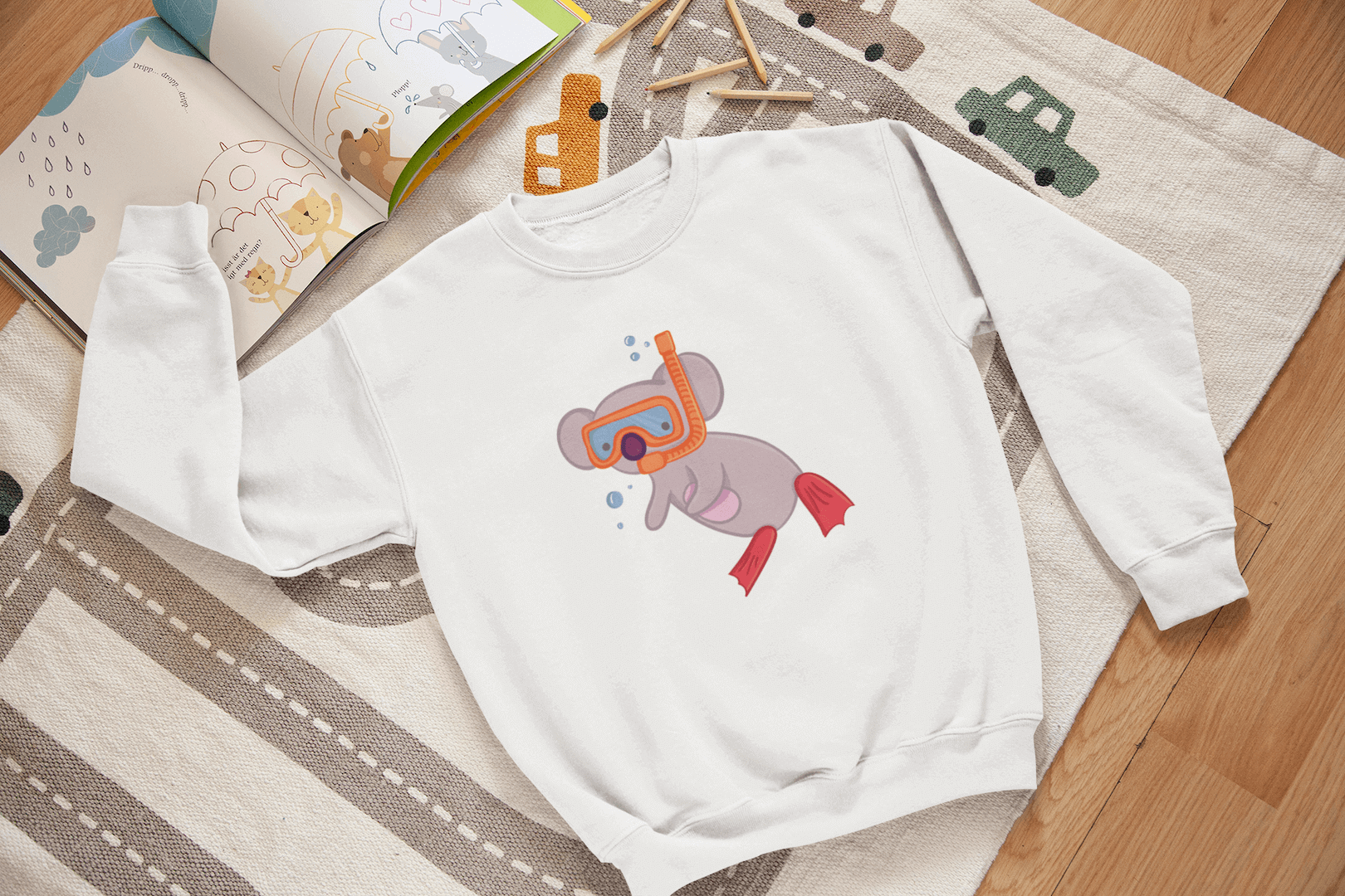Kids Playful Koala Scuba Diving Graphic Crewneck Sweater