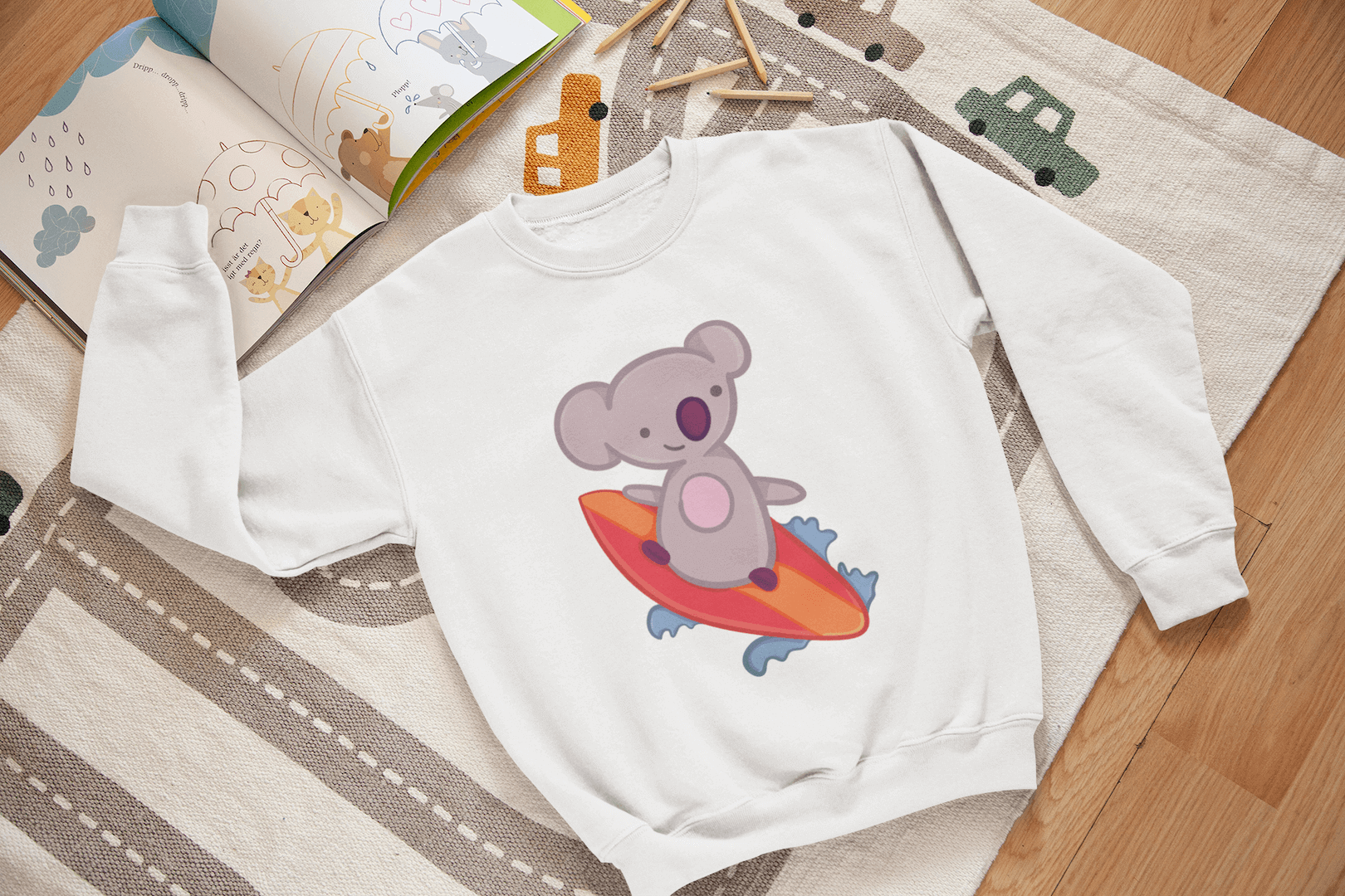 Kids Playful Sufer Koala Graphic Crewneck Sweater